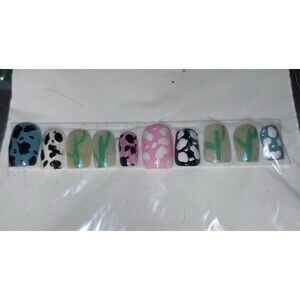 Cow Print Pattern Nails - Medium Square Press Ons -Glue On False Set -10 pcs Kit